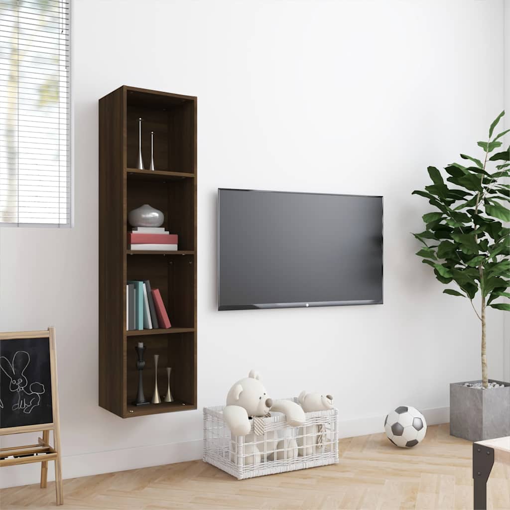 The wall mounted cabinet is displayed vertically with books and decorative items