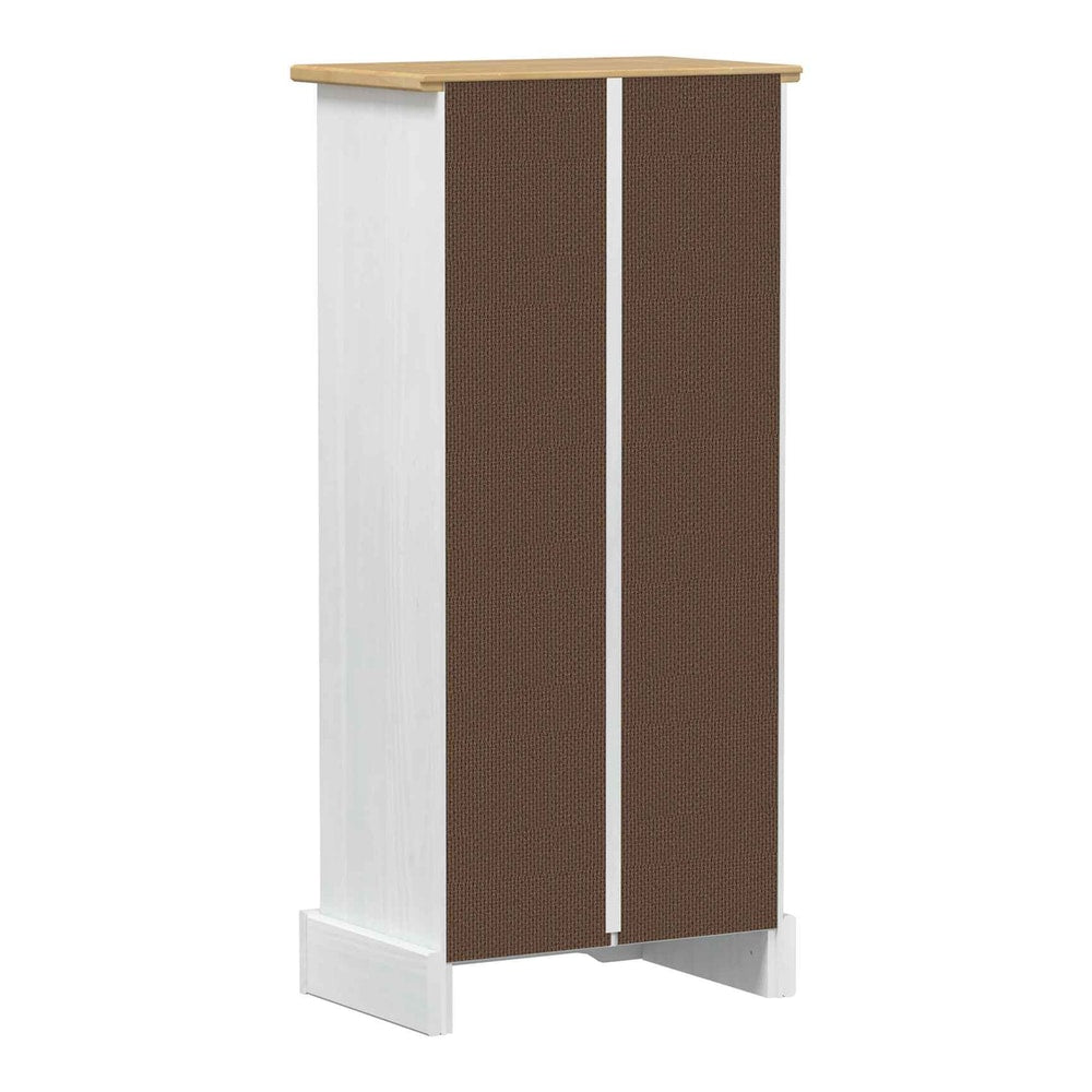 the back of the white pine wood bookcase with two brown panels