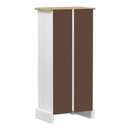 the back of the white pine wood bookcase with two brown panels