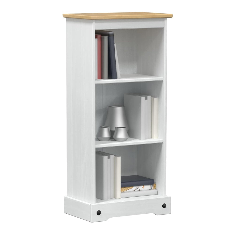 the pine wood bookcase filled with books and decorative items