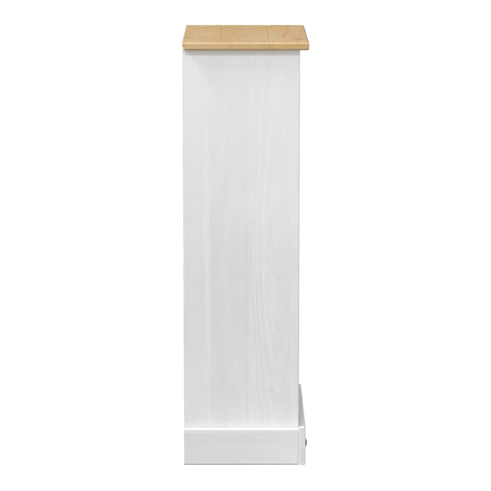 side view of the white pine wood bookcase with a natural wood top