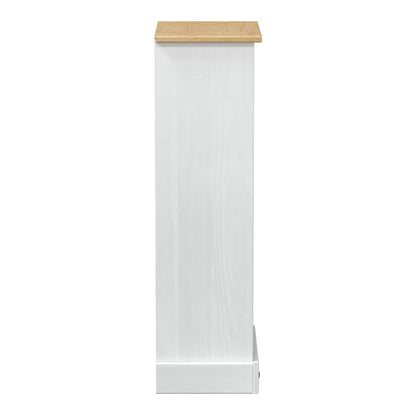 side view of the white pine wood bookcase with a natural wood top