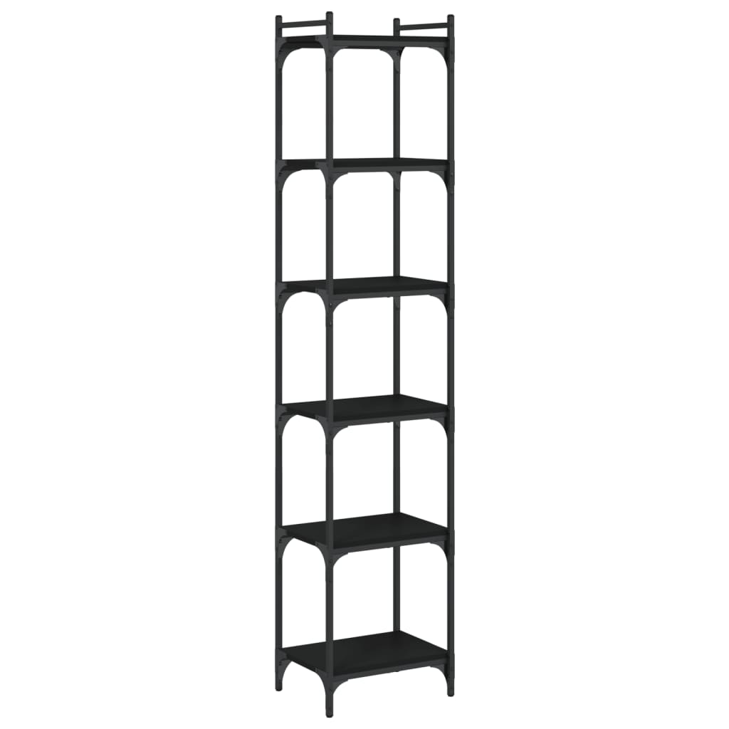 The tall black bookcase with six shelves shown from a slightly elevated angle