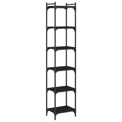 The tall black bookcase with six shelves shown from a slightly elevated angle