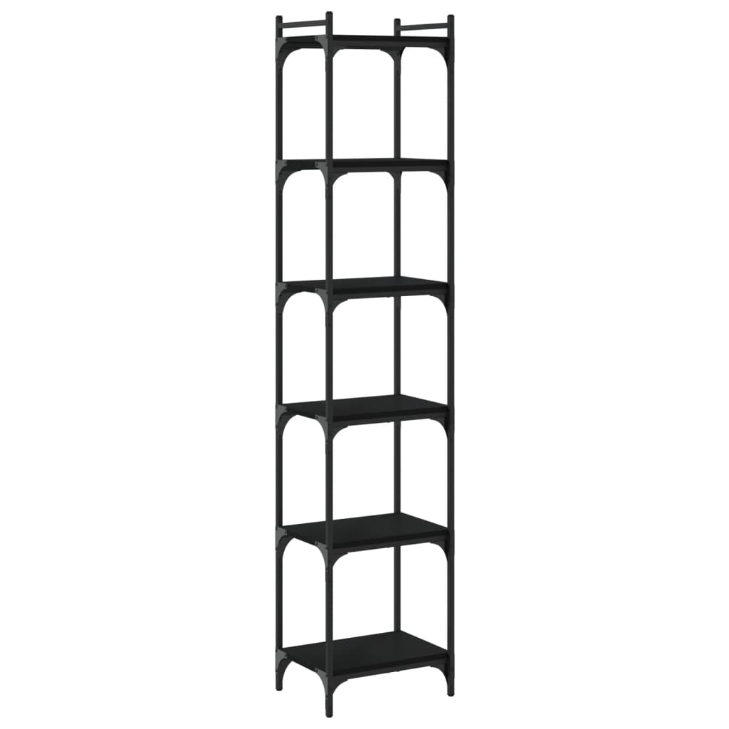 The tall black bookcase with six shelves against a white background
