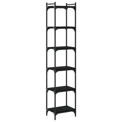 The tall black bookcase with six shelves against a white background