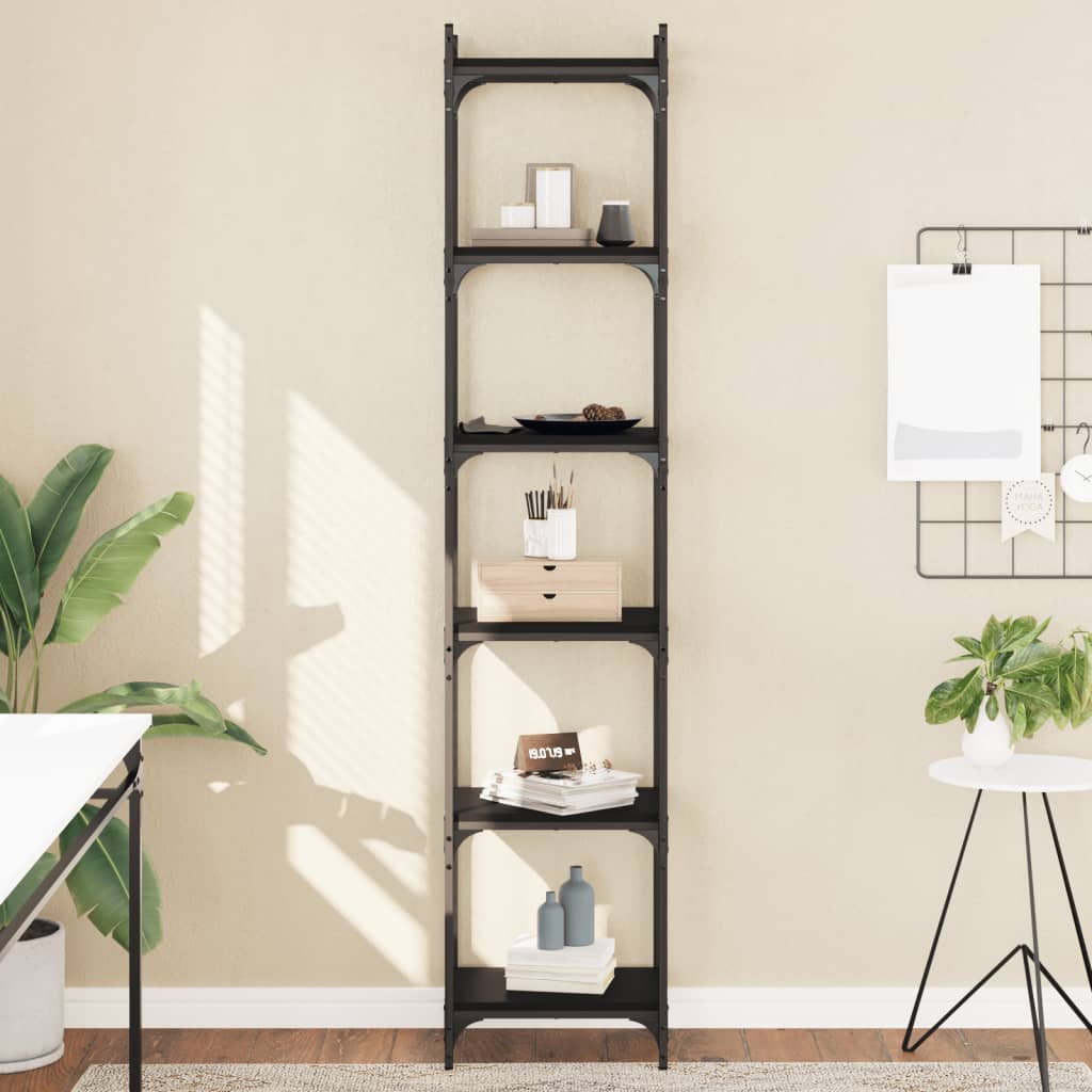 vidaXL Bookcase 6-Tier Black Engineered Wood standing in a bright living room with decor on shelves