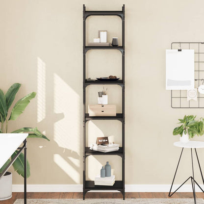 vidaXL Bookcase 6-Tier Black Engineered Wood standing in a bright living room with decor on shelves