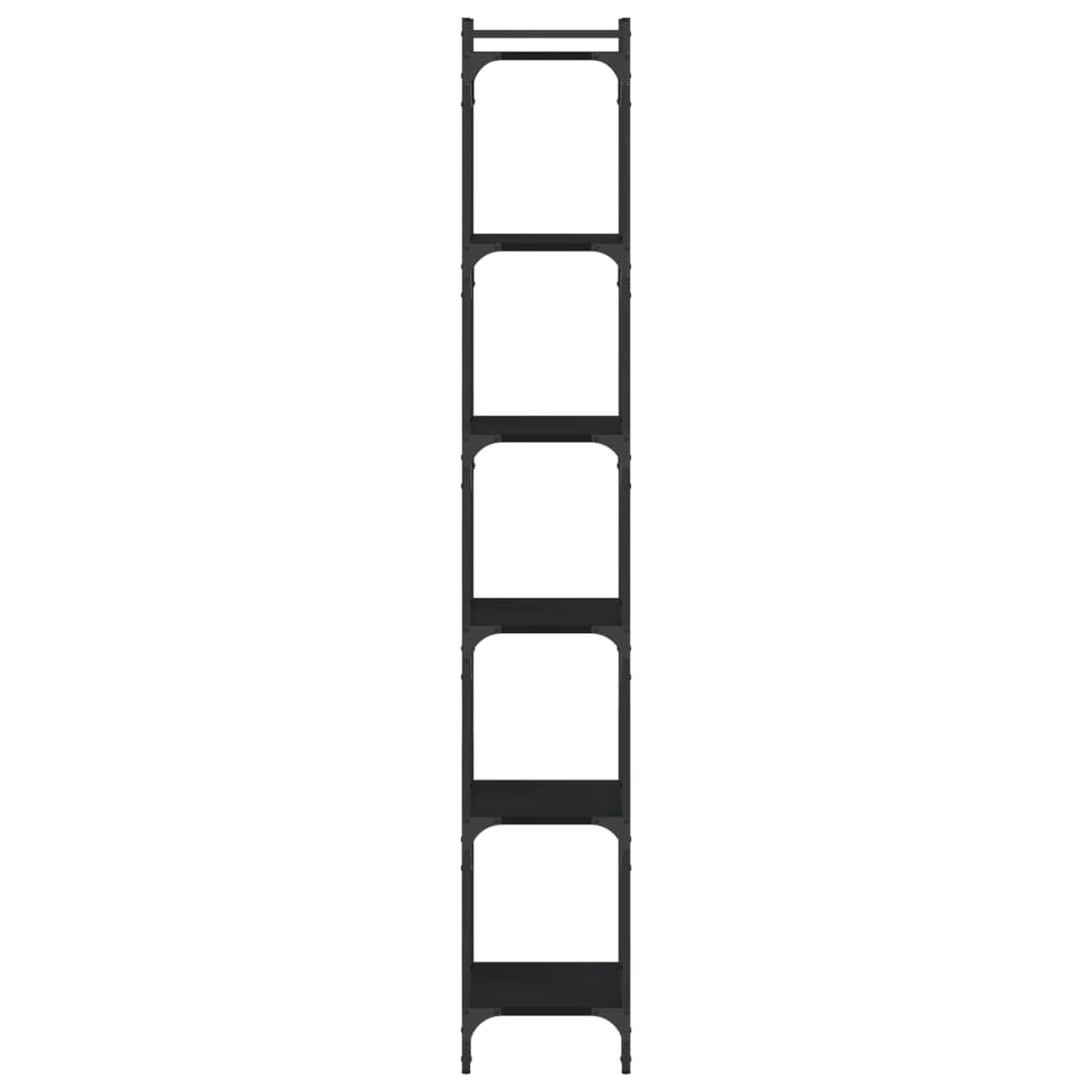 The narrow black bookcase seen from a low angle to highlight its vertical structure