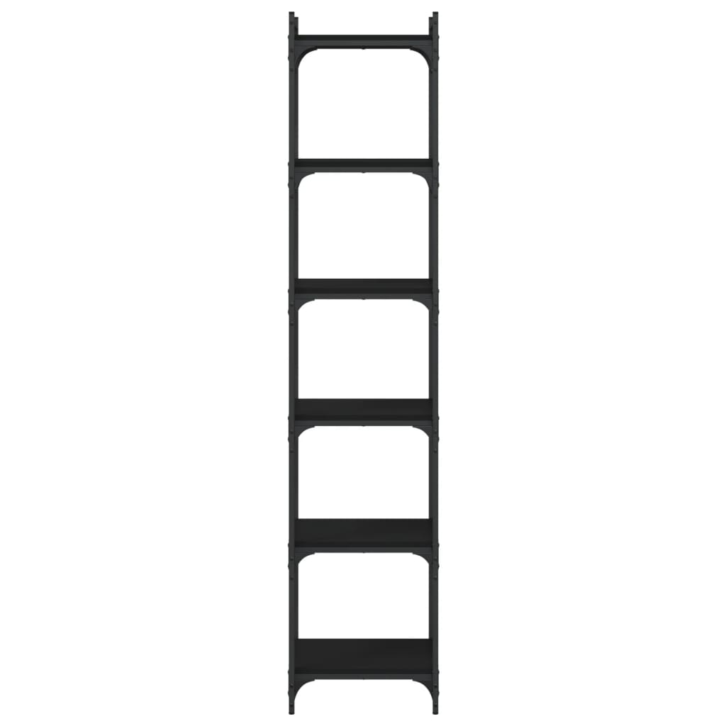 The empty black bookcase with five shelves shown from the side