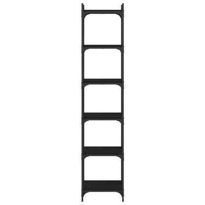 The empty black bookcase with five shelves shown from the side