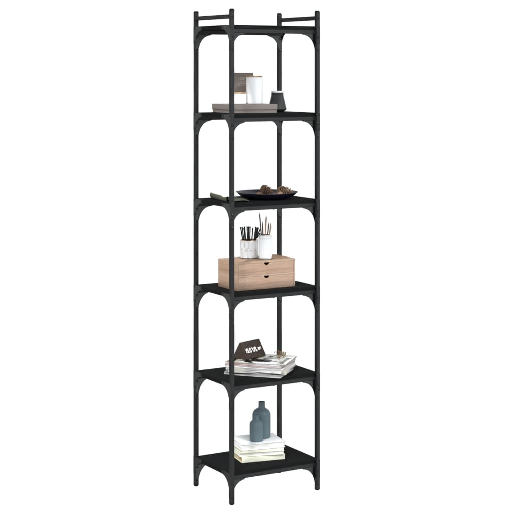 The black six-tier bookcase with decorative items and books on the shelves