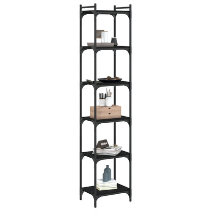 The black six-tier bookcase with decorative items and books on the shelves