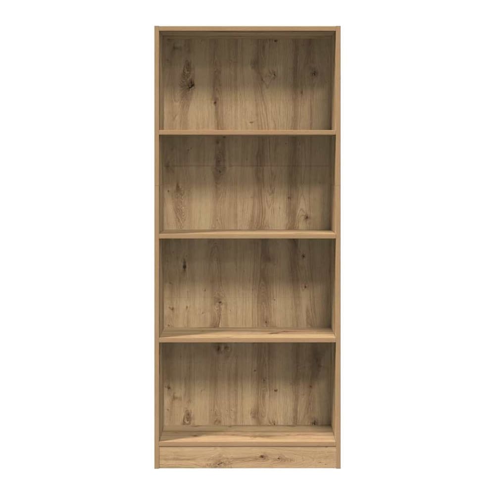 The empty five-shelf bookcase, showing the wood grain detail on the shelves and sides