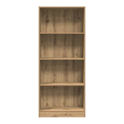 The empty five-shelf bookcase, showing the wood grain detail on the shelves and sides