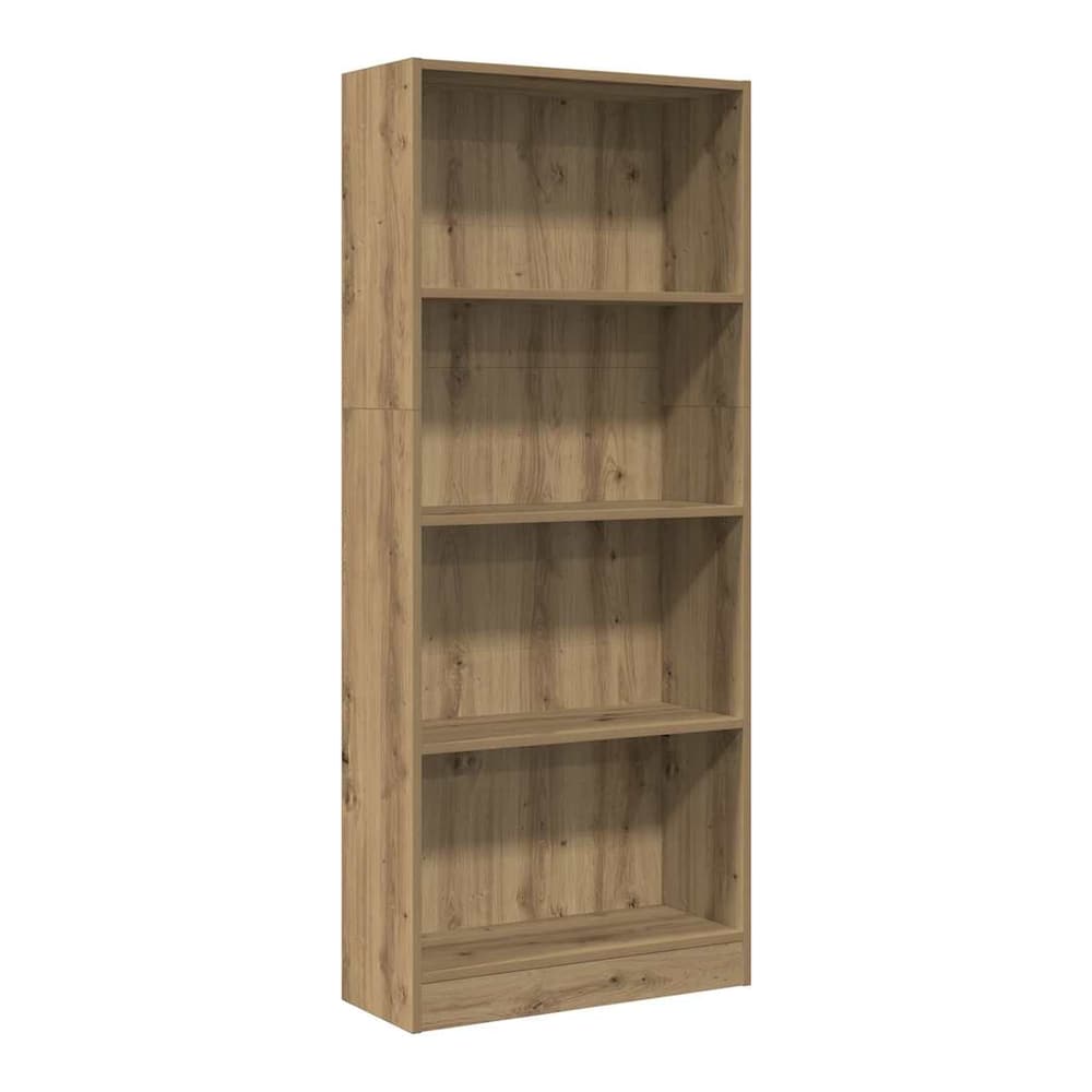 A tall, narrow bookcase with five shelves, made of engineered wood with an oak effect finish