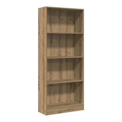 A tall, narrow bookcase with five shelves, made of engineered wood with an oak effect finish