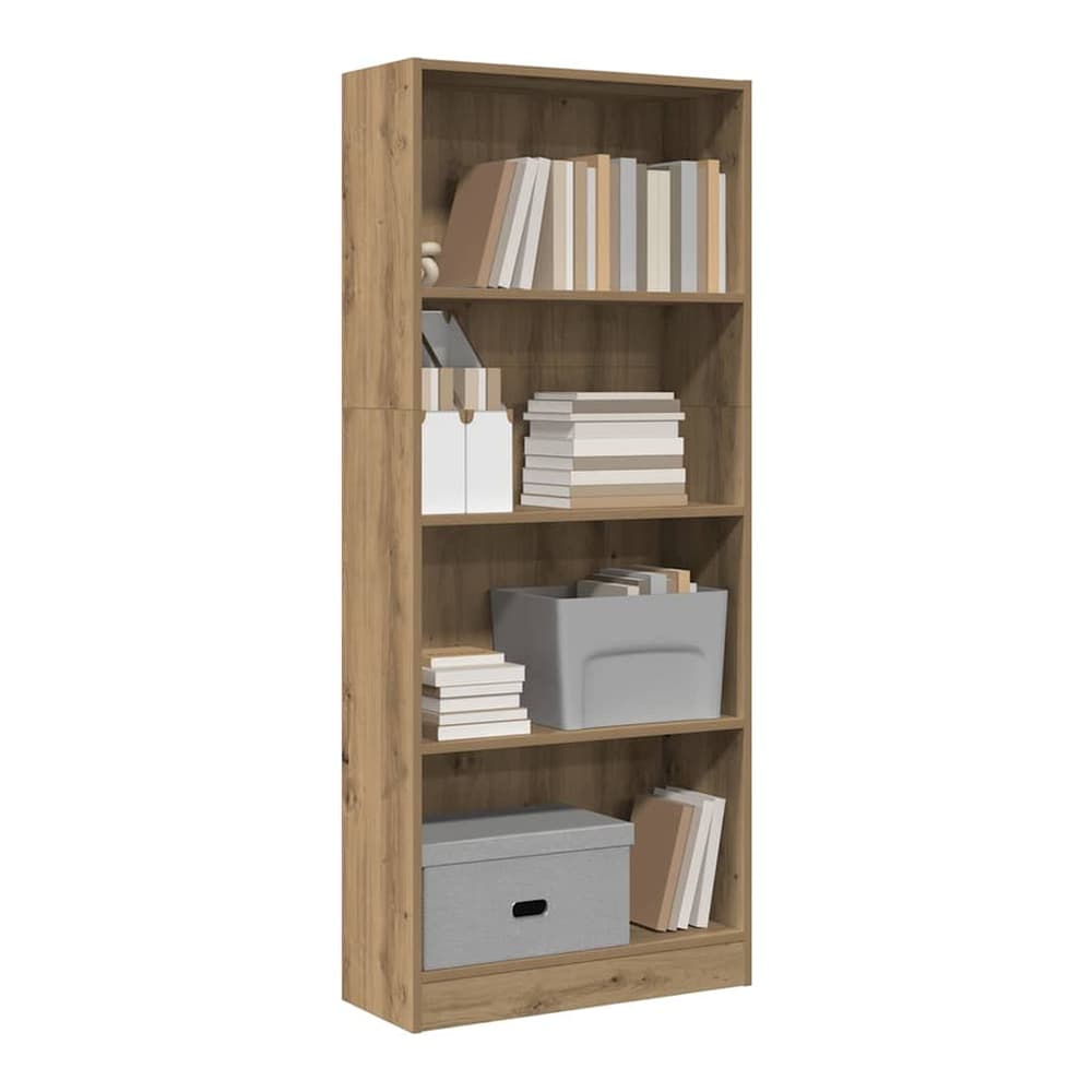 The five-shelf bookcase filled with books and storage boxes, showing its organised interior