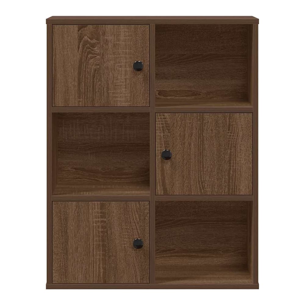 The bookcase has a brown oak finish and six storage cubbies