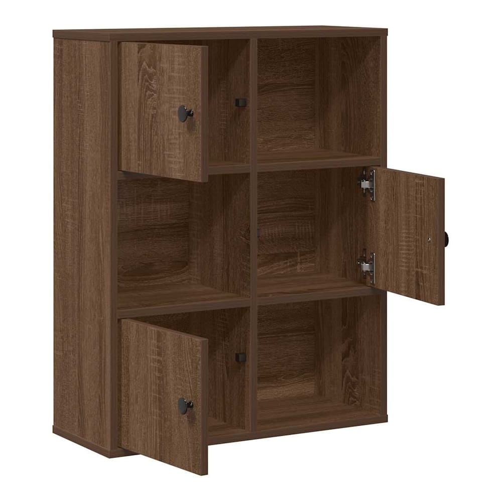 The brown oak bookcase has six open cubbies with three doors
