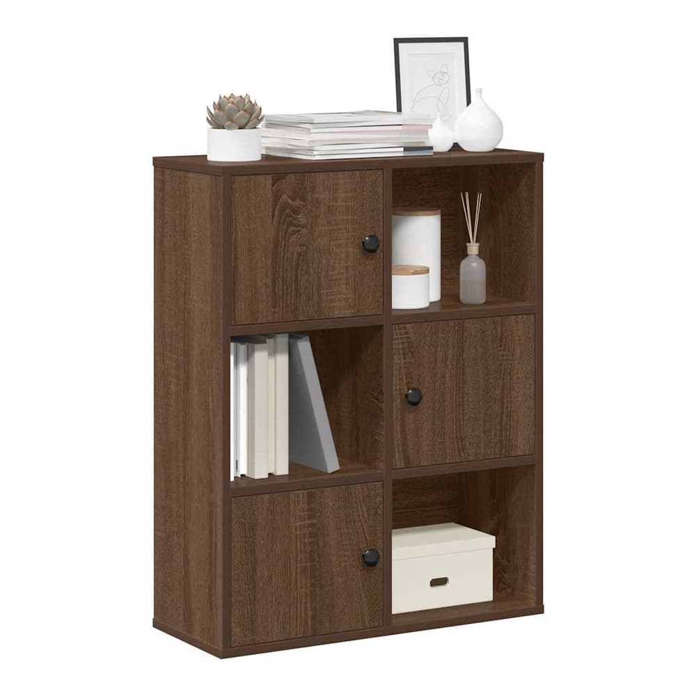 vidaXL Bookcase Brown Oak Engineered Wood with six cubbies and three doors