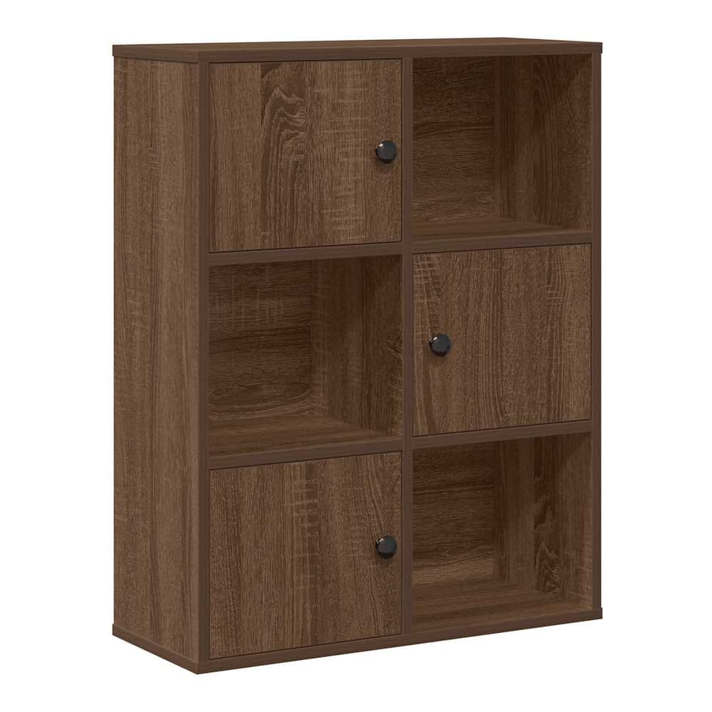 The bookcase has a brown oak finish and six storage compartments