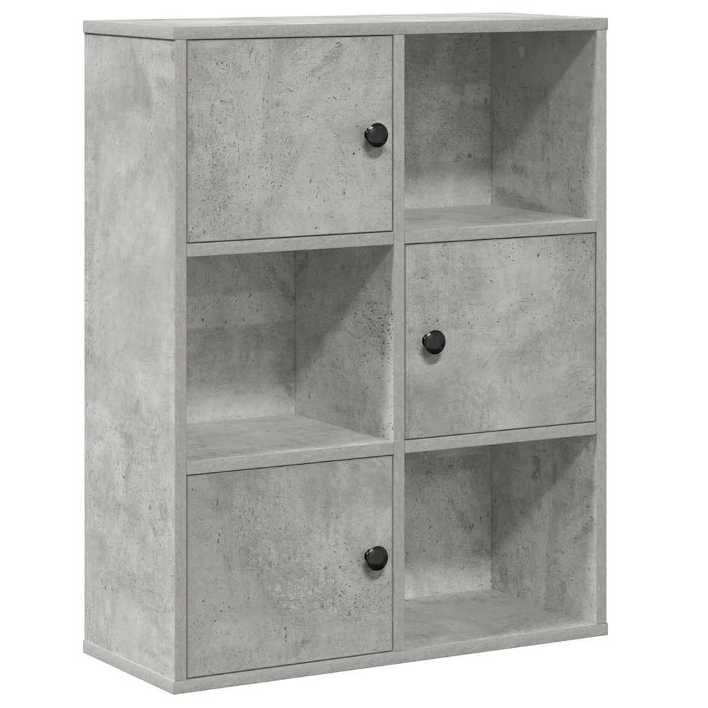 The bookcase with three closed doors and three open storage compartments