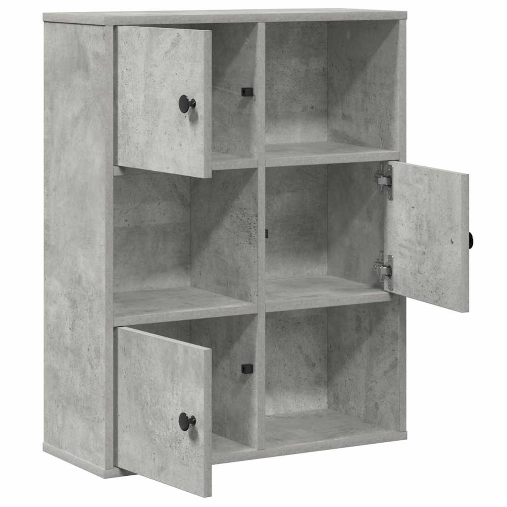 The bookcase with all three doors open showing the internal hinges