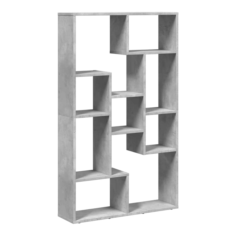 Concrete grey engineered wood bookcase with asymmetrical shelving