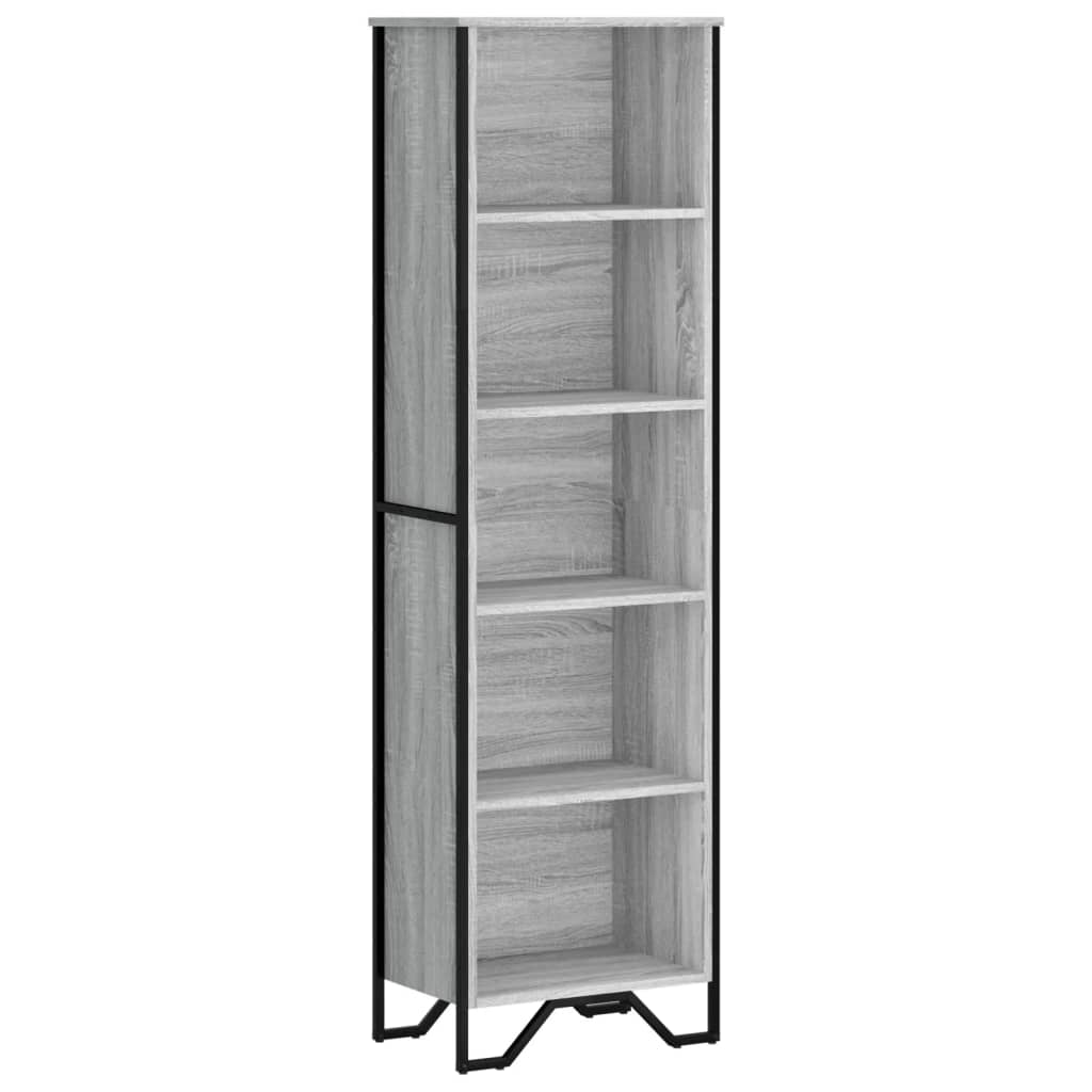 The tall grey wood effect shelving unit with black metal legs, shown empty