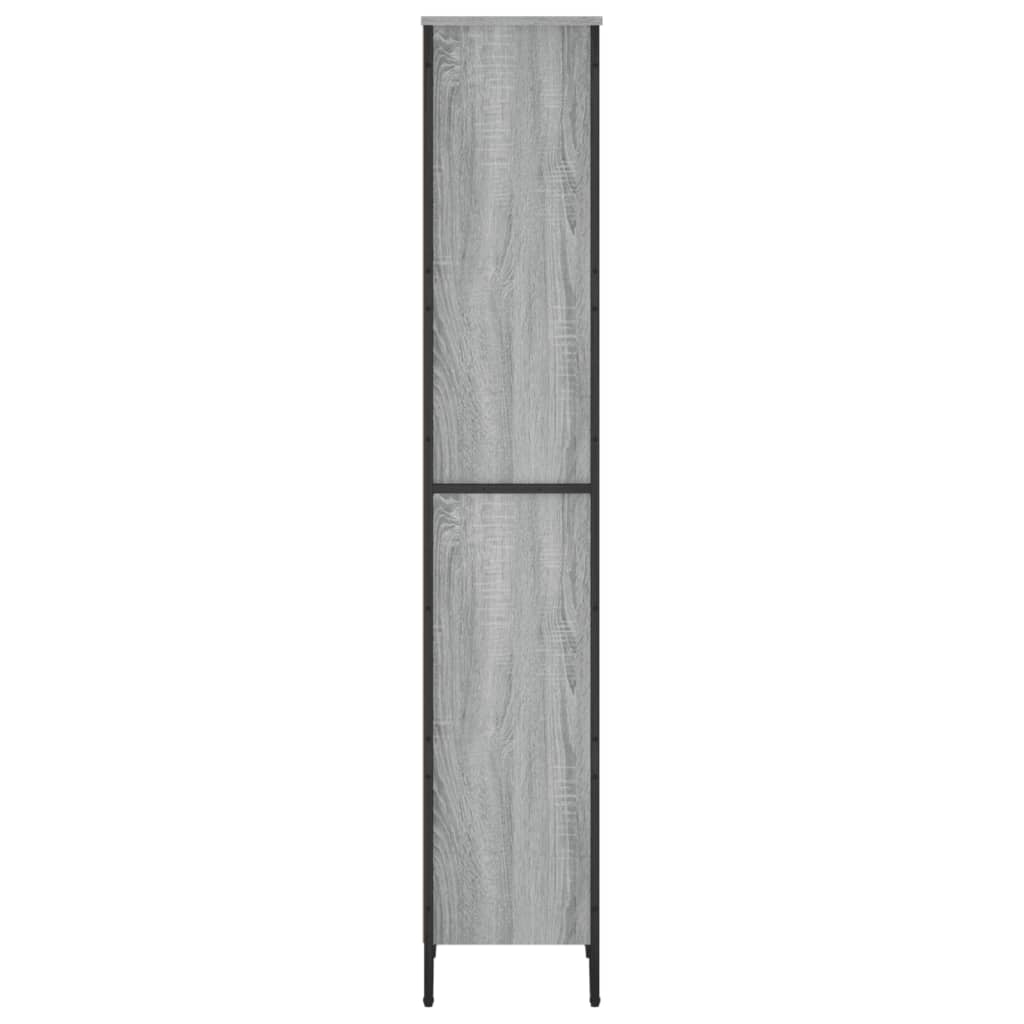 The tall grey wood effect shelving unit with black metal legs, rear view