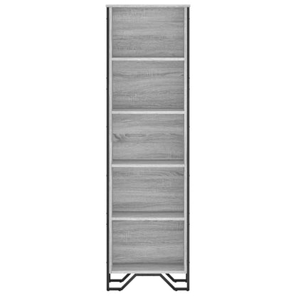 The tall grey wood effect shelving unit with black metal legs, side profile