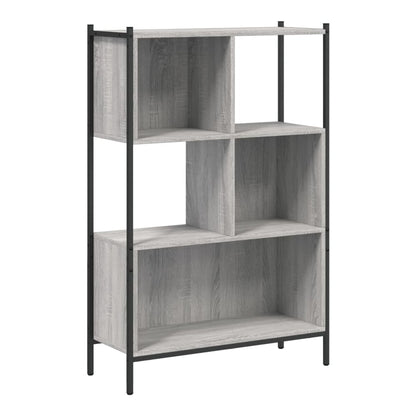 the grey wood effect bookcase, showing the open shelving compartments and black metal frame