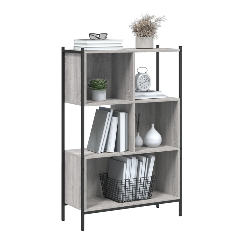 the grey wood effect bookcase filled with books and decorative items