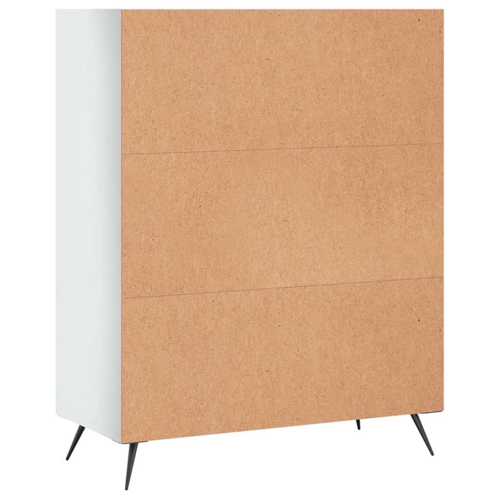 The white bookcase seen from the back showing the plain wooden panel