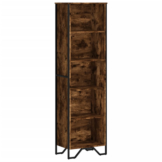 the tall bookcase with five empty shelves and a dark metal frame