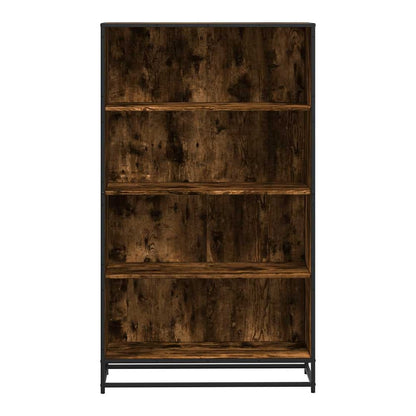A close-up of the bookcase showing the wood grain texture and metal supports