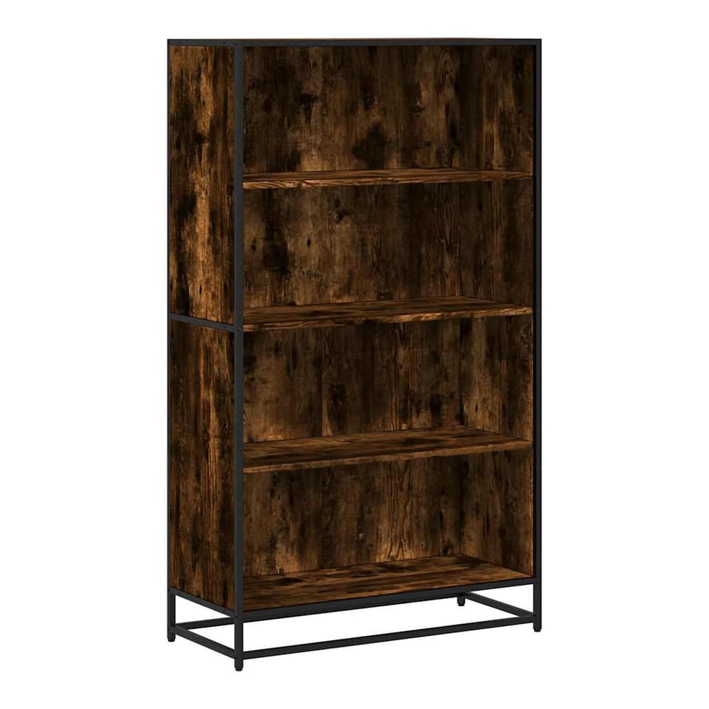 The tall bookcase shows its rustic wood effect finish and black metal frame