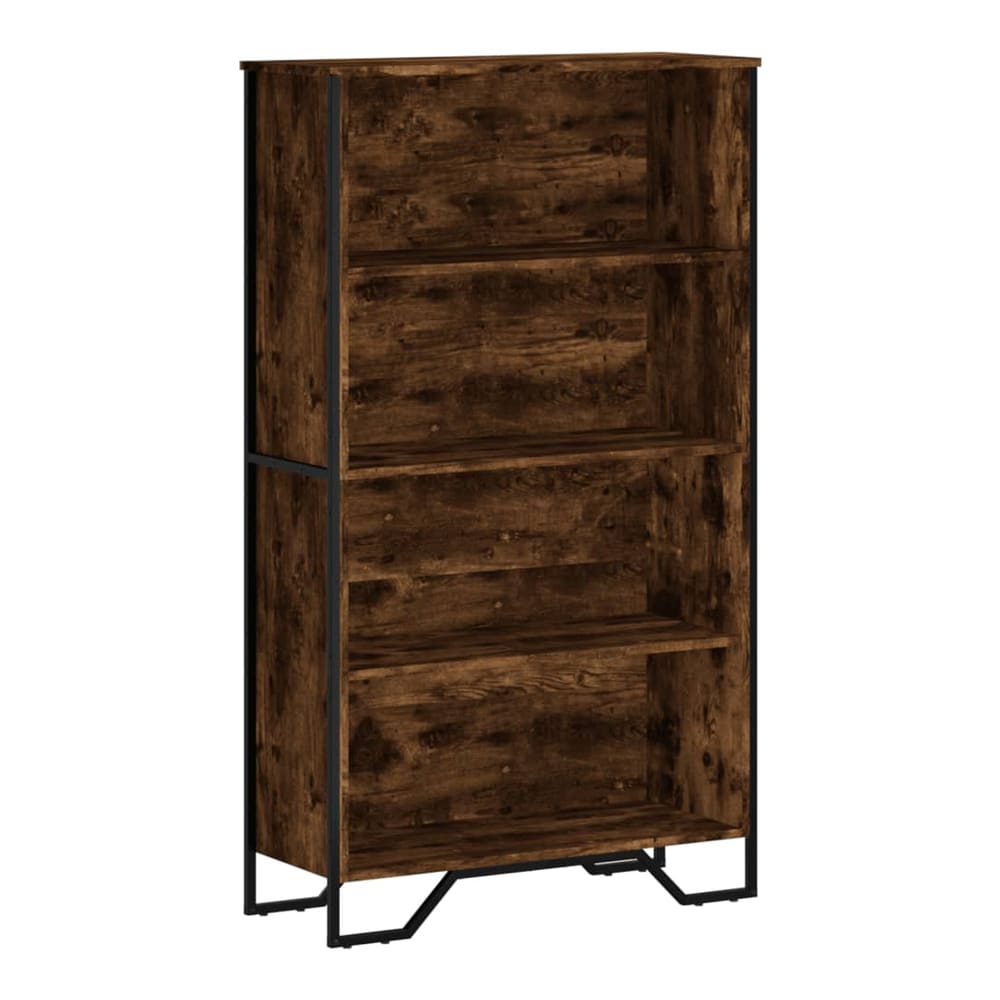 the bookcase has a rustic wood effect finish and black metal frame