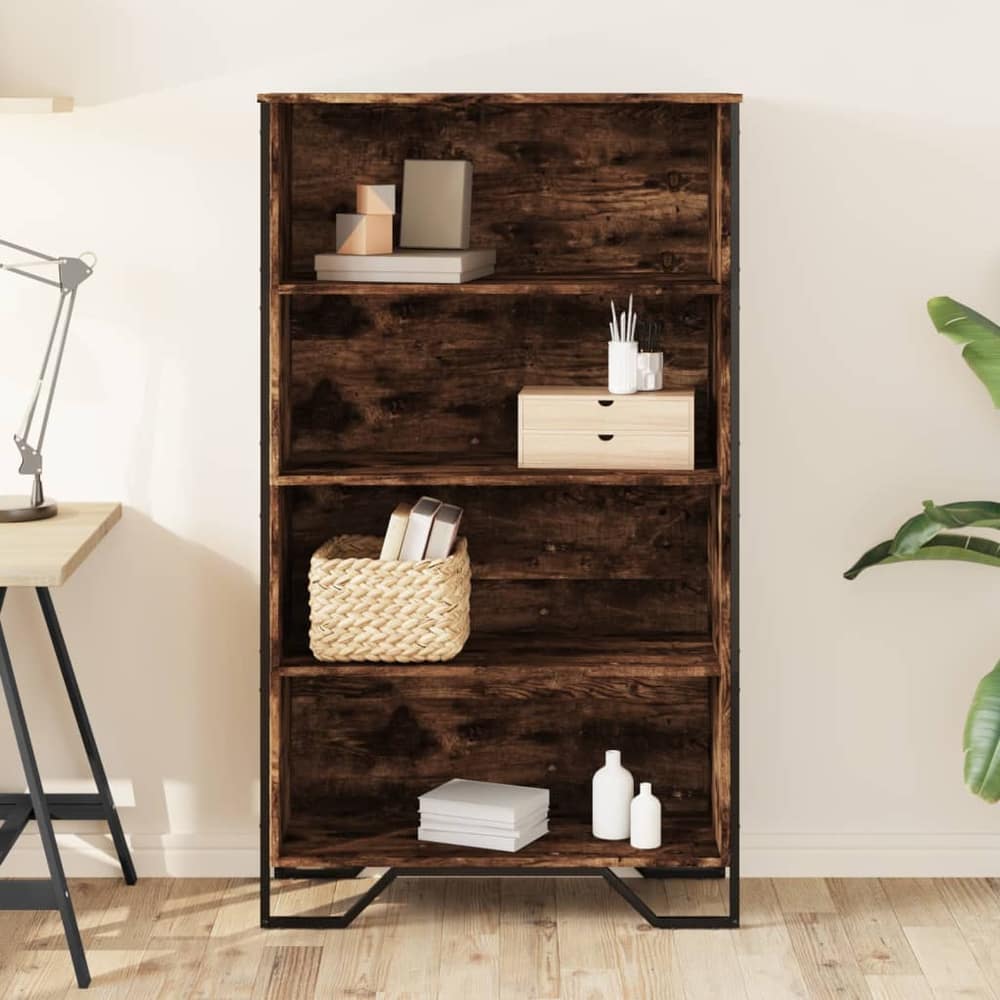 the bookcase in a room setting with decorative items on the shelves