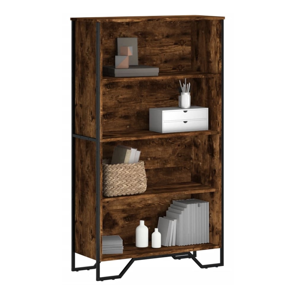 vidaXL Bookcase Smoked Oak Engineered Wood with four shelves and black metal legs
