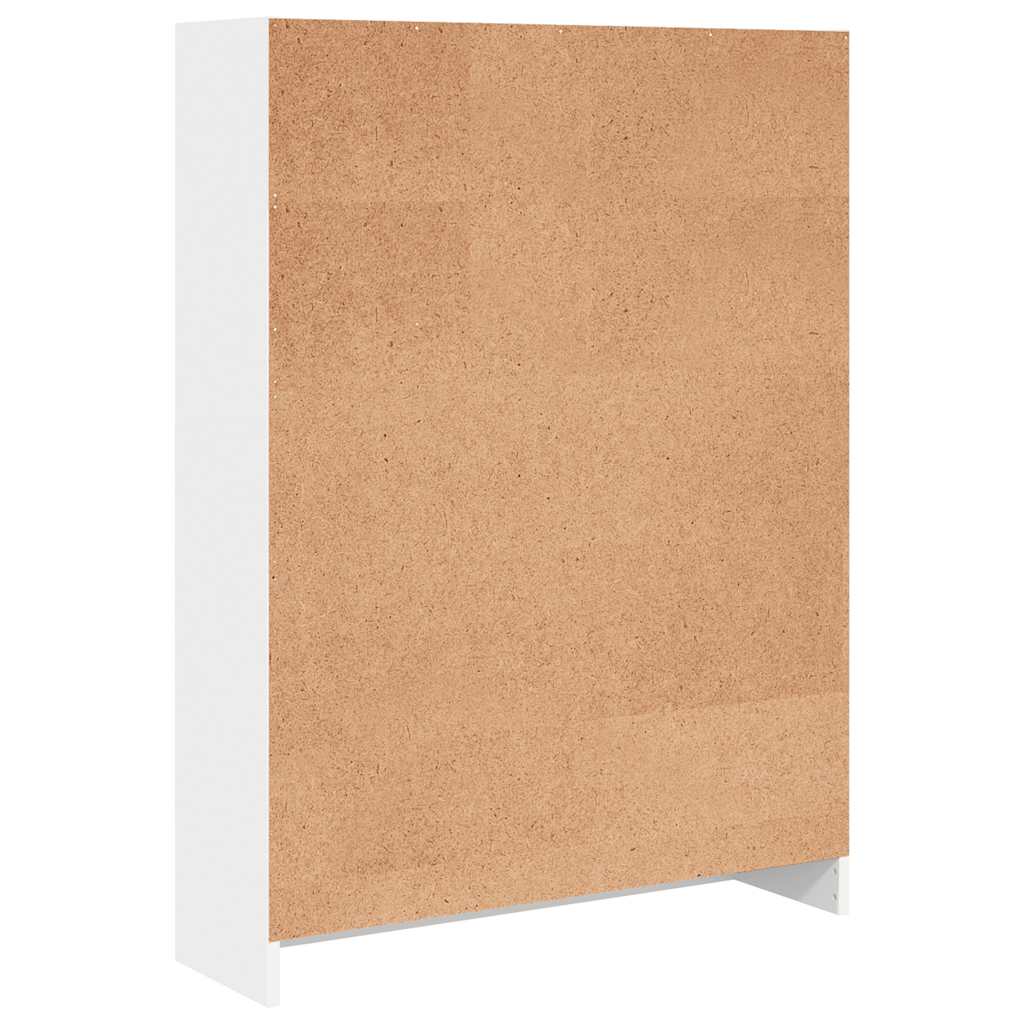 The back of the white bookcase showing the engineered wood panel