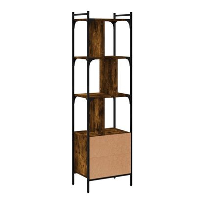 The back of the bookcase with a door shows the wood effect panels and metal supports