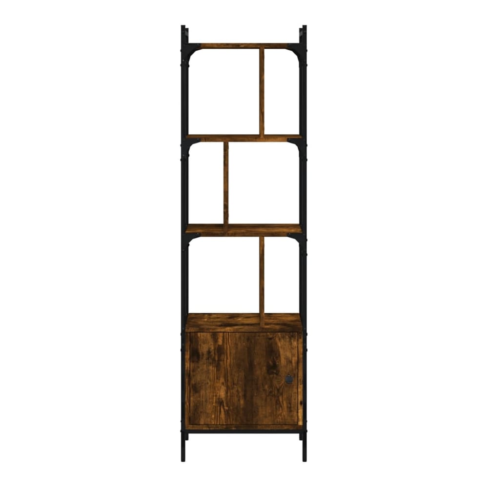The bookcase with a door shows its open shelving and lower cabinet section