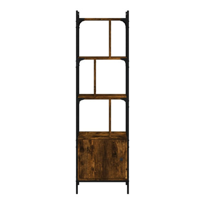 The bookcase with a door shows its open shelving and lower cabinet section