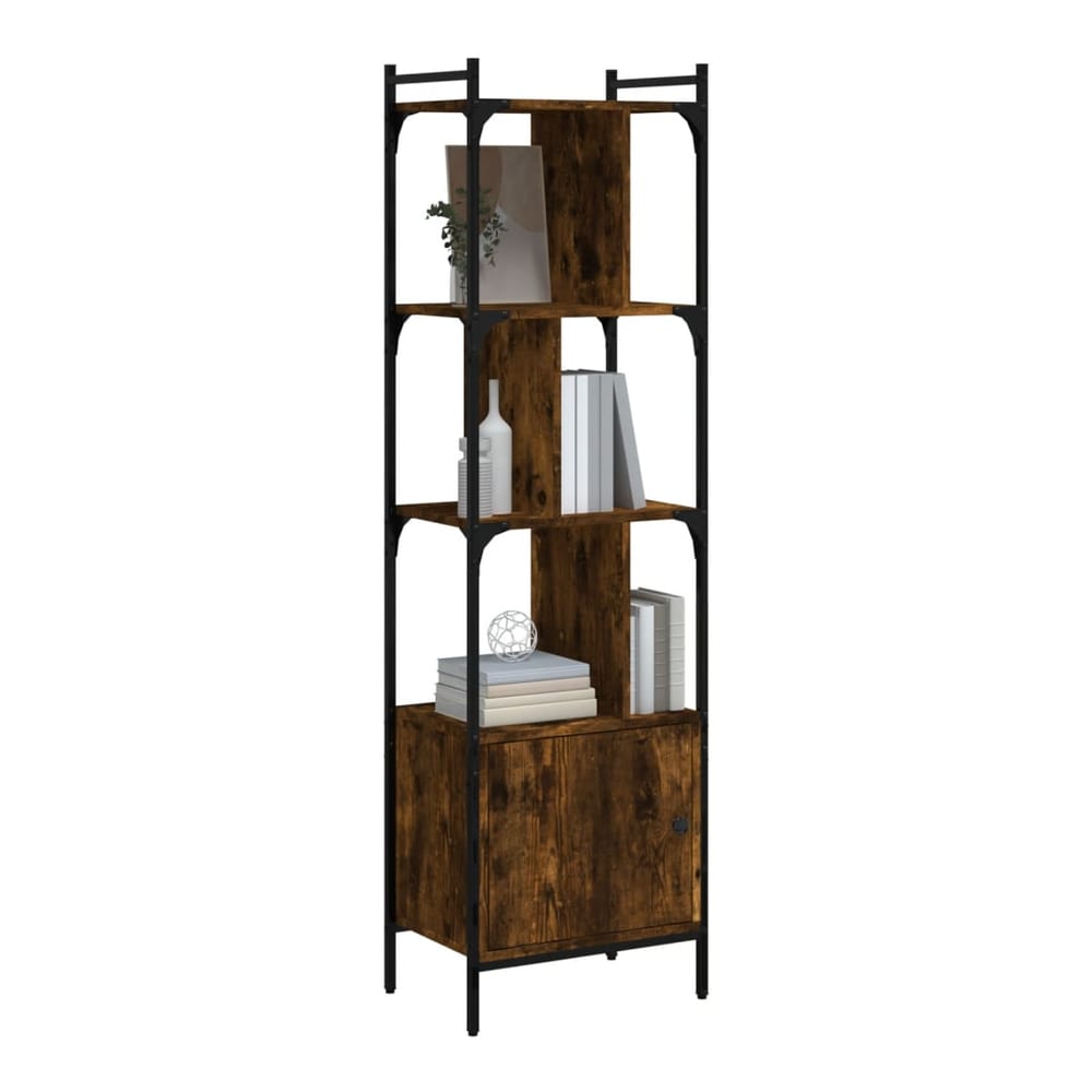 The bookcase with a door is shown styled with books and decorative items on its shelves