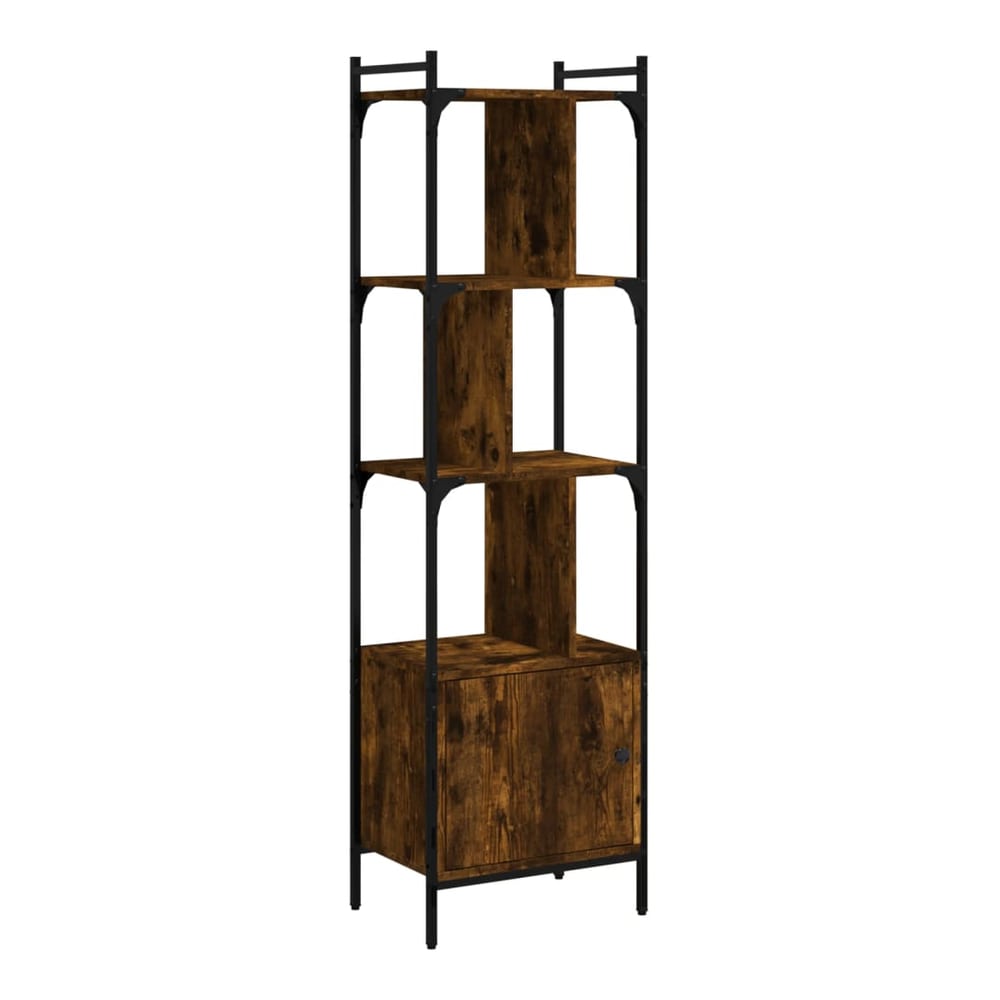 The tall bookcase with a door has a rustic wood effect finish and black metal frame