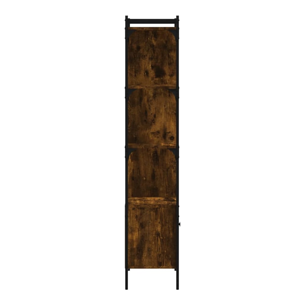 The side profile of the bookcase with a door reveals its slim construction