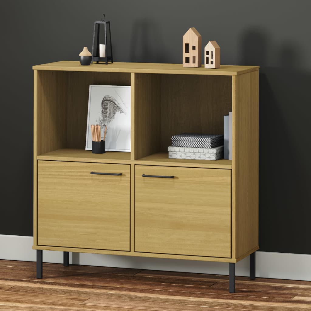 vidaXL Bookcase with Metal Legs Brown Solid Wood OSLO styled with home decor on shelves