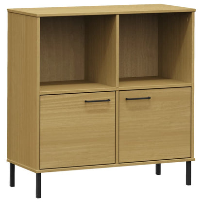 the wooden bookcase with black metal legs standing against a plain white background